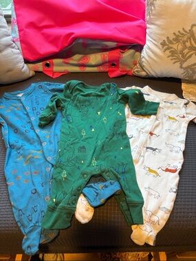 Carter's Green Romper & Blue and White Baby Footed One-Piece Set
